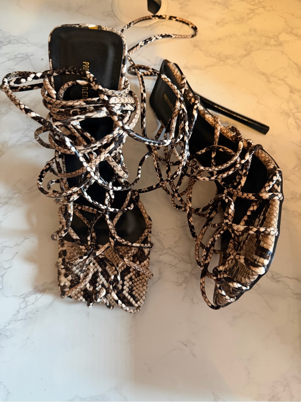 PrettyLittleThing Snakeskin Lace-Up Stiletto Sandals - Black/Tan
